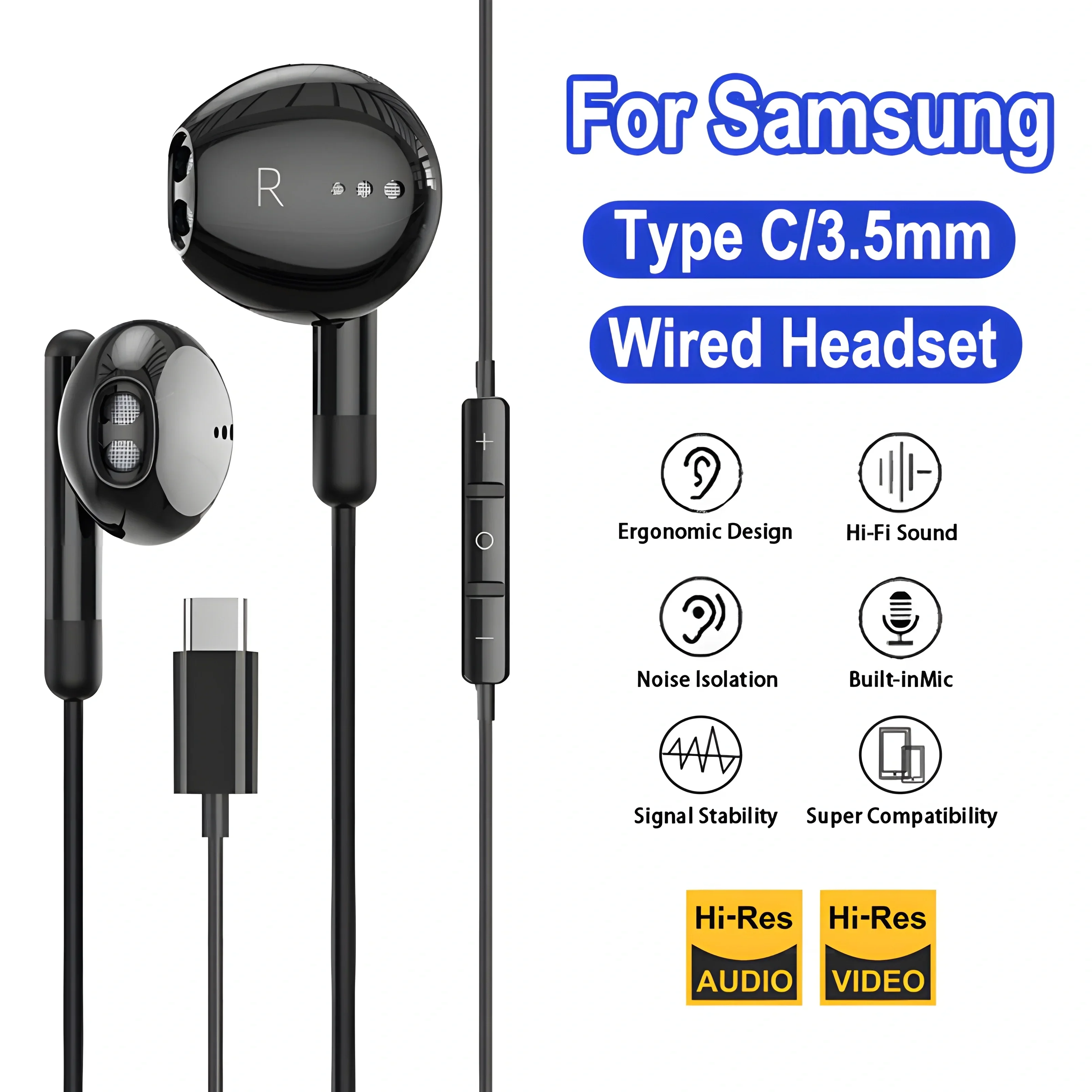 3.5mm HiFi USB Type C For iPhone 15 16 Samsung Xiaomi Realme Poco Headphone Bass Stereo Volume Control Earbud Mic Wired Earbuds