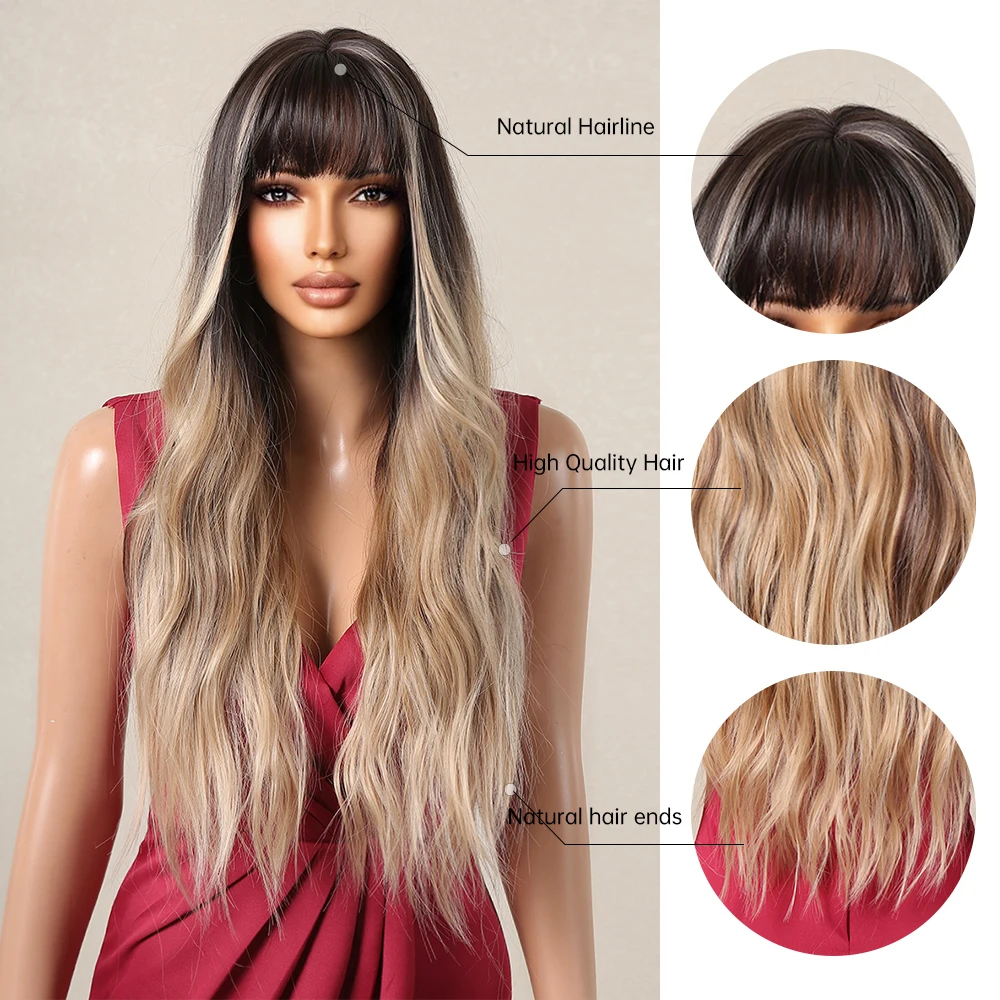 Dark Brown Ombre Golden Blonde Synthetic Wig with Bangs Long Wavy Highlight Cosplay Hair Wigs for Black Women Heat Resistant