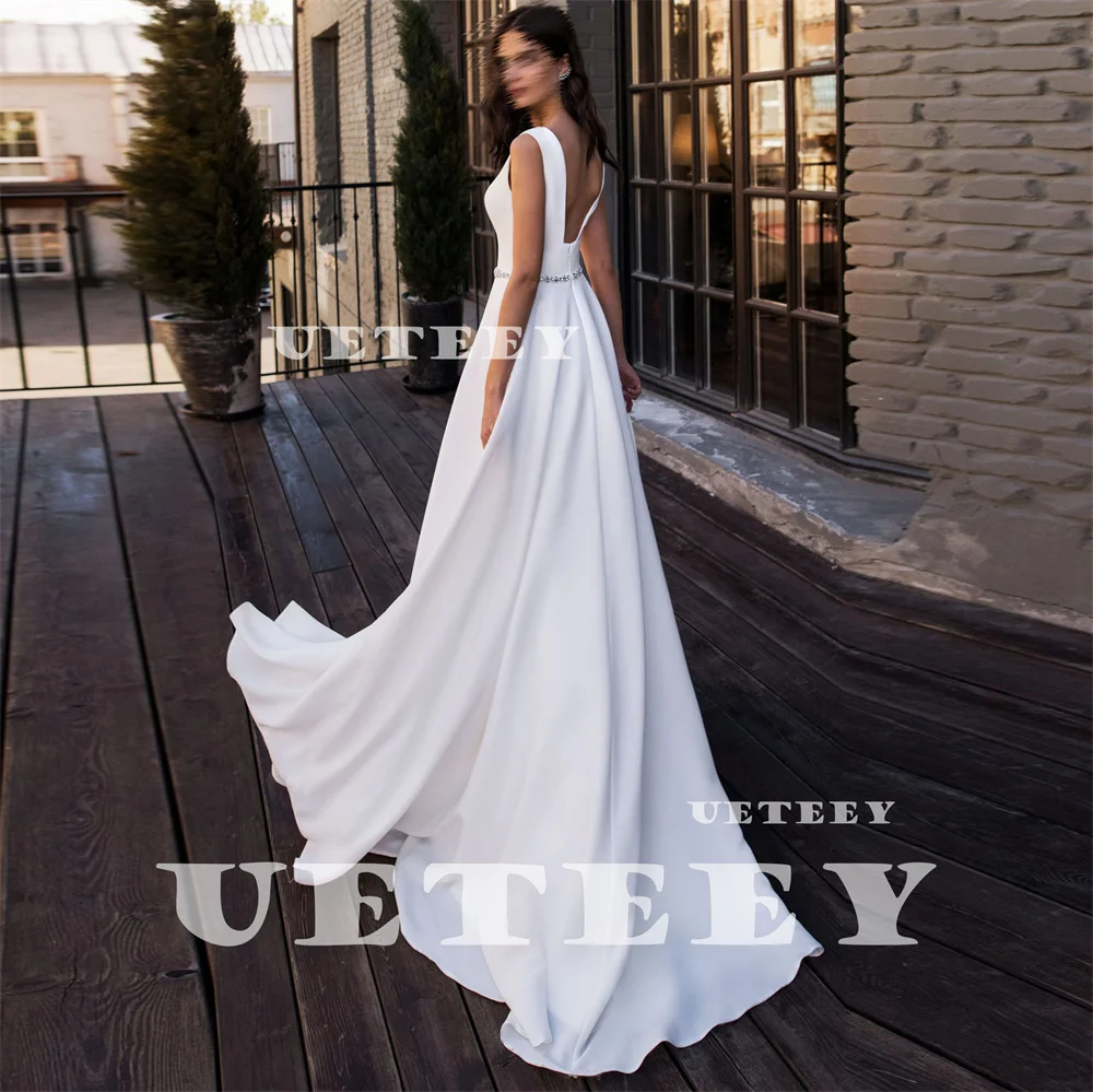 UETEEY Customized Simple Sleeveless Rhinestone Crepe Wedding Dress Women V Neck A Line Zipper Back Floor Length Bridal Gown