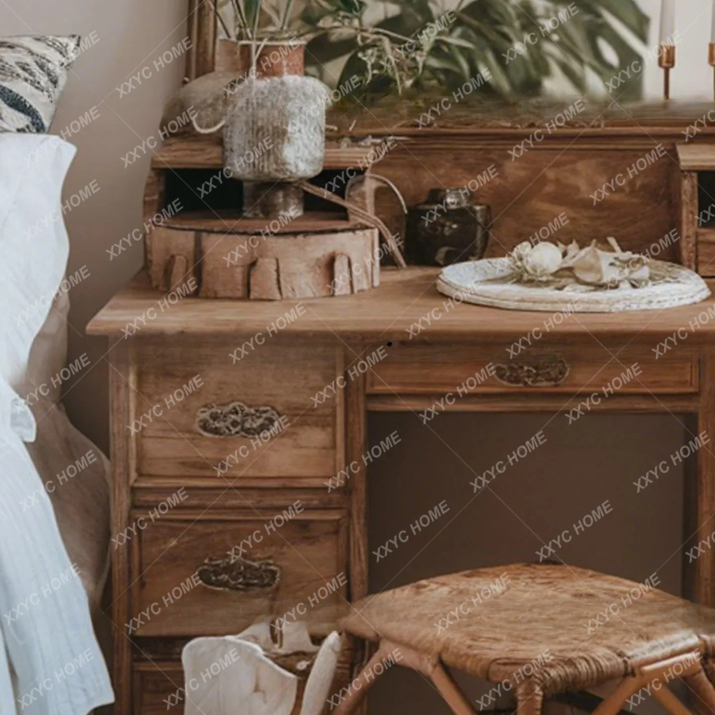 LLretro solid wood carving flower dresser small apartment bedroom with makeup mirror multi-drawer