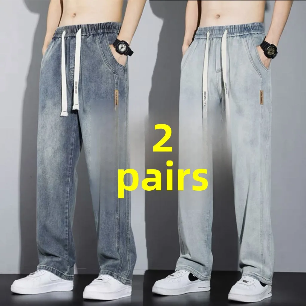 

Men's Casual Thiened Jeans Elastic Waist Workwear Long Pants Straight Leg Wear Resistant Autumn Cotton Stretch Denim