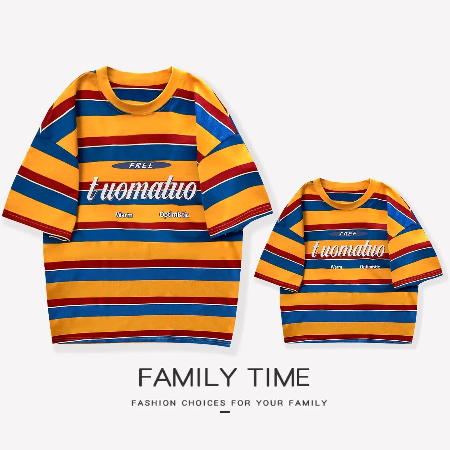 

Funny Matching Family Cotton T Shirt Striped Parent-child Clothing Mom Daughter Tees Dad Son Short Sleeve Tops Clothes Rainbow