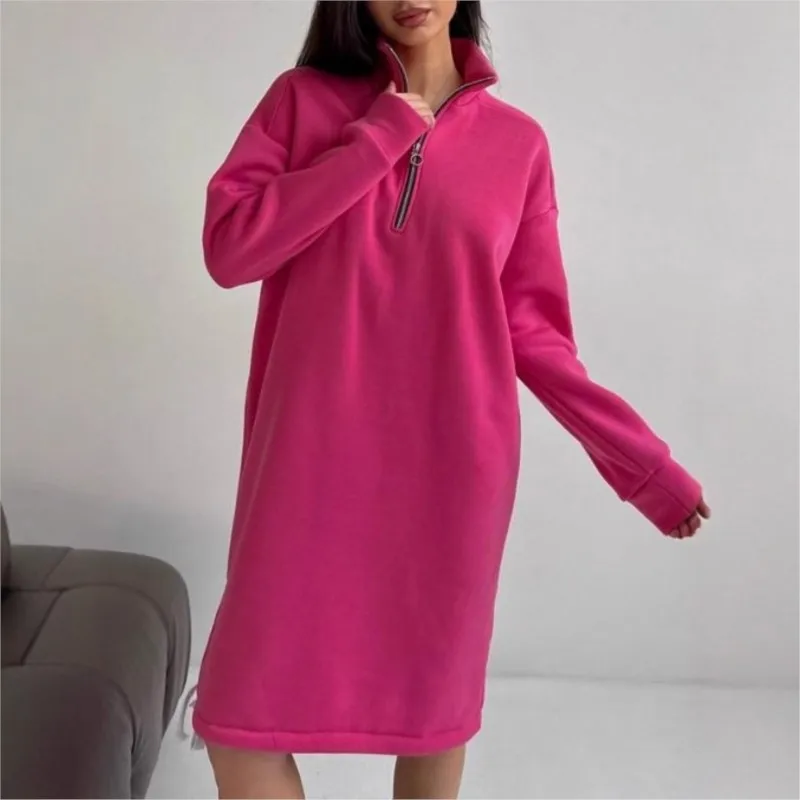 

Sweatshirt Dresses For Women 2025 Autumn Solid Zip High Collar Pullover Sports Midi Dresses Loose Casual Dresses Robe Femme