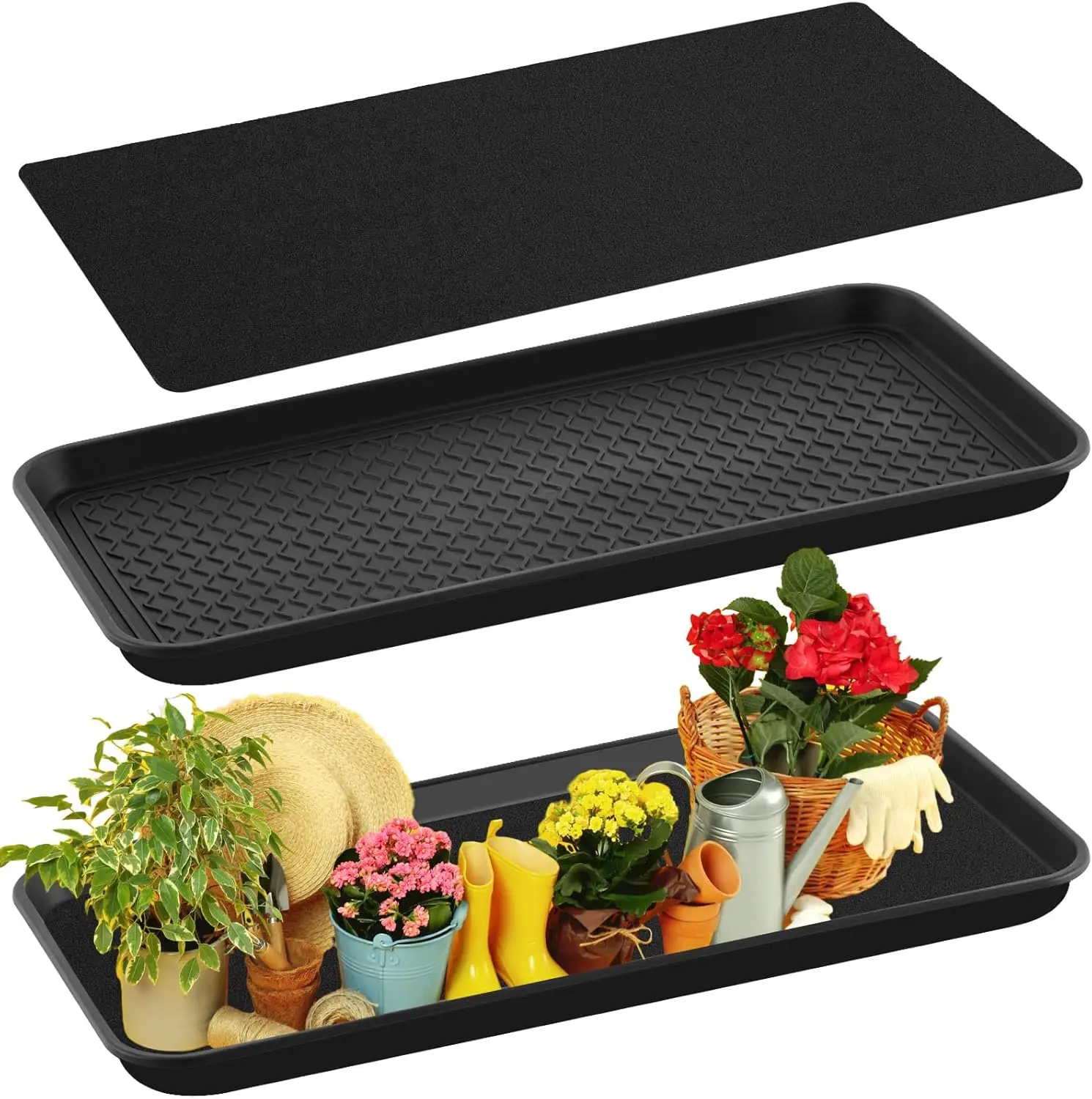 

1 Set/2 Pcs Large Self-Watering Plant Trays (30"x15") and 3mm Capillary Mat-Automatic Watering System for Indoor/Outdoor
