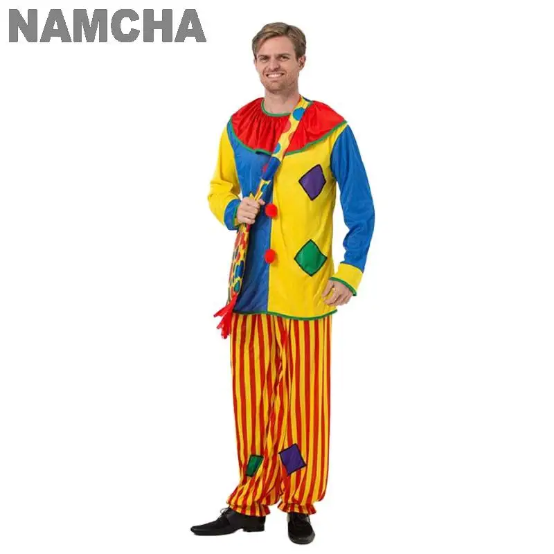 Funny Clown Costumes for Adults Men Women Halloween Stage Performance Cosplay Outfits Patchwork Clown Top Pants Costume Wigs