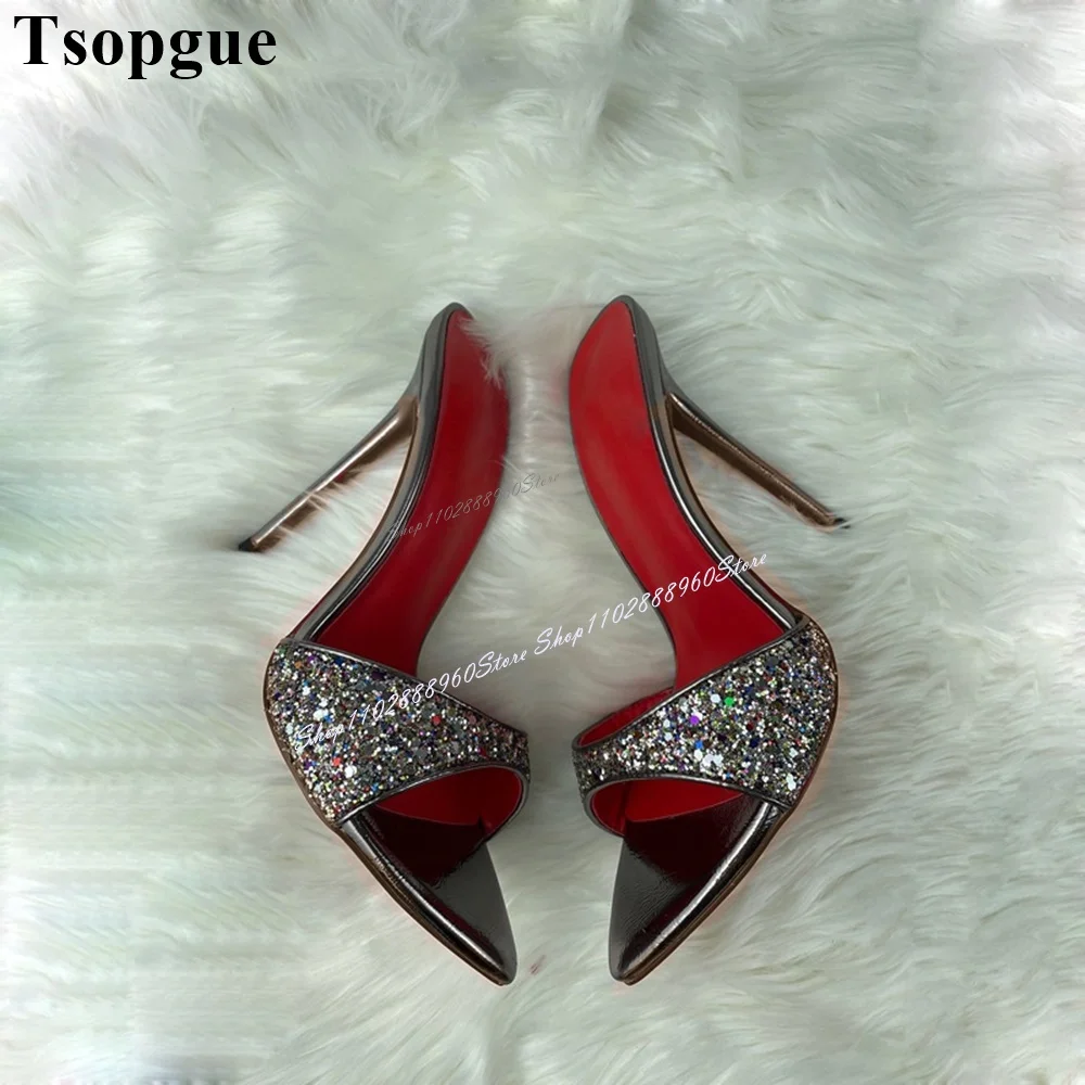 

Western Gray Metallic Glitter Runway Slippers Cut Heel Thin High Heel Women Shoes Open Toe 2024 Fashionable Zapatos Para Mujere