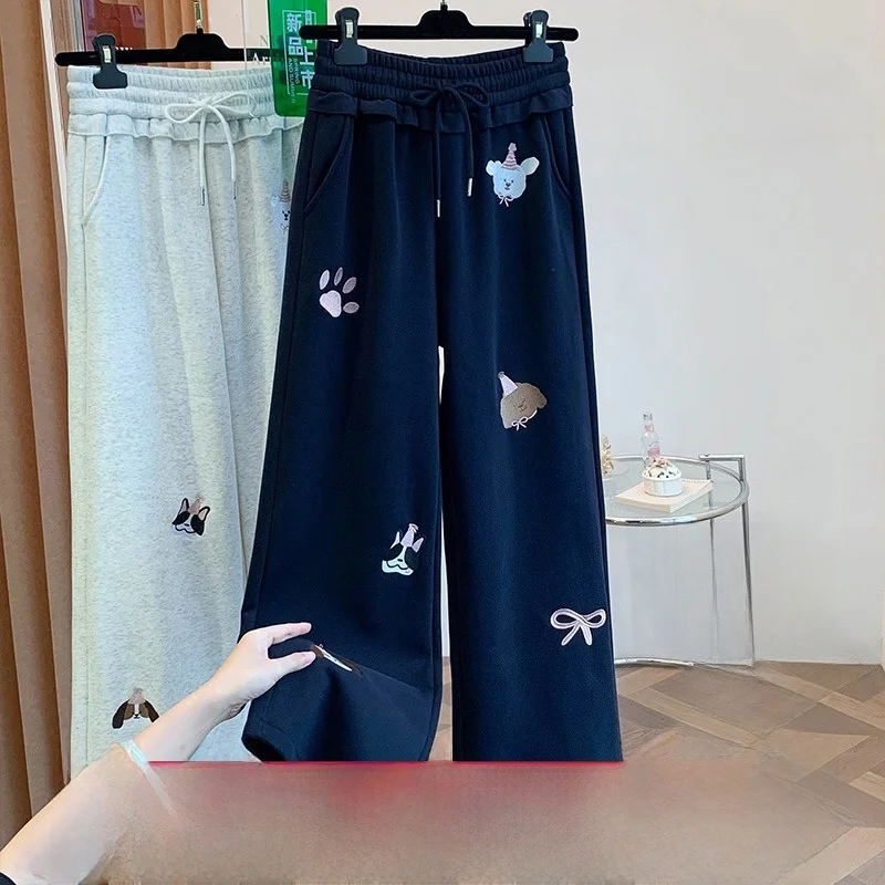 المرأة الخريف الشتاء Fce اصطف السراويل واسعة الساق عارضة فضفاض التخسيس الرياضة Sweatpants السراويل الطويلة الكرتون التطريز