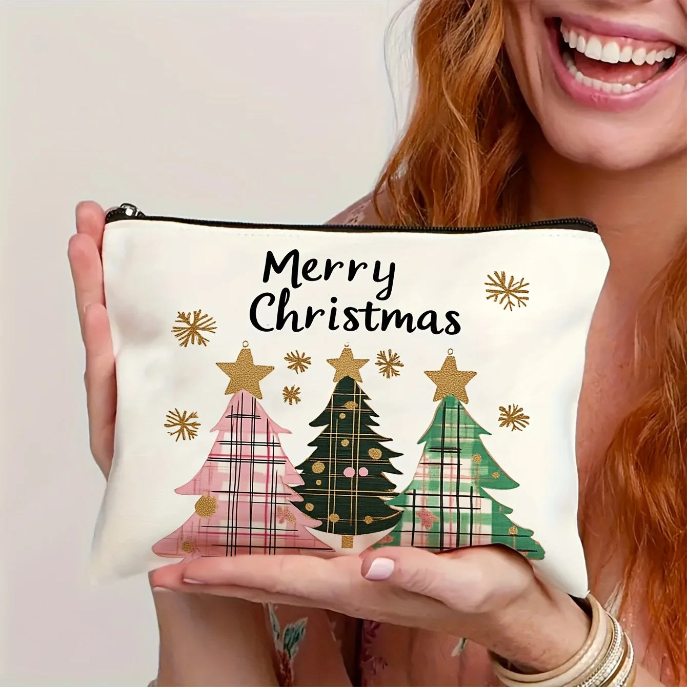 1pc Large Capacity Christmas Tree Cosmetic Bag - Durable Imitation Linen, , Scent-Free, Perfect for Travel Storage