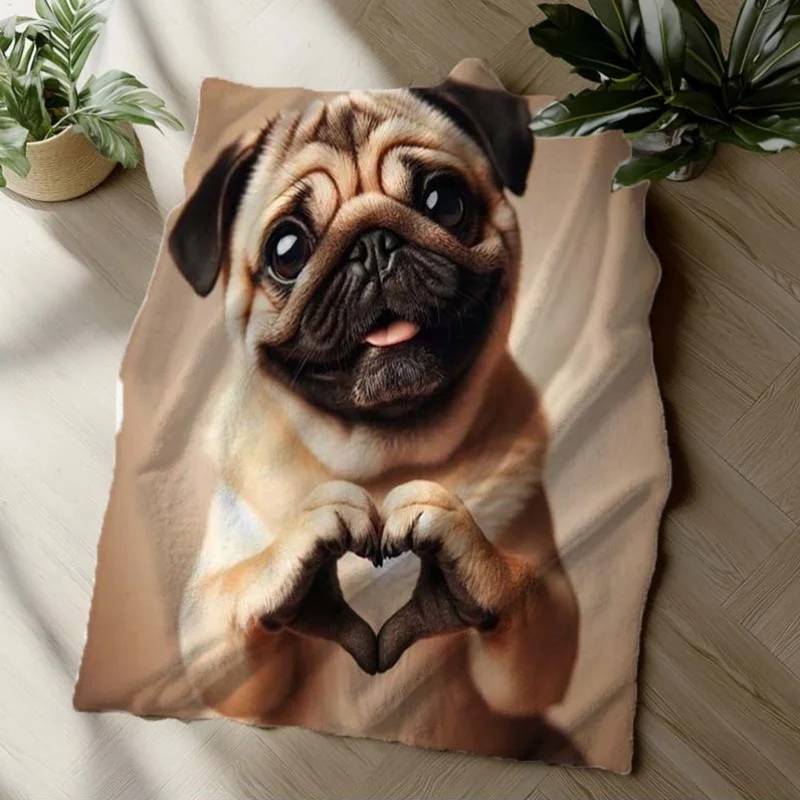 Contemporary Style Pug Dog Heart Gesture Flannel Fleece Throw Blanket Gift Blanket for Sofa, Couch Bed, Bed, Beach, Picnic