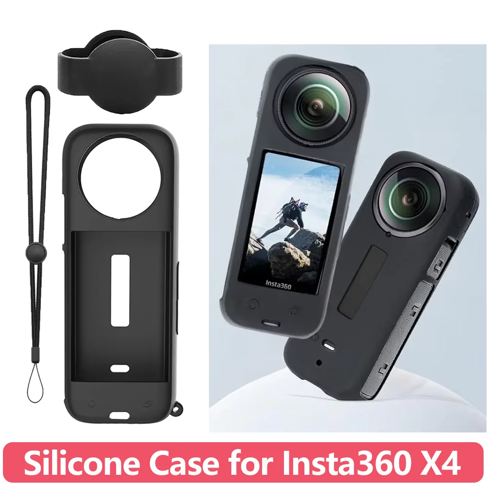 Silicone Protective Case Set for Insta360 X4, Soft Shockproof Body Cover + Lens Cap + Wrist Lanyard, Anti-Scratch Dustproof Skin