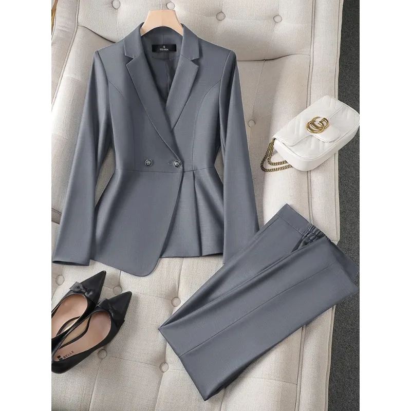 Elegant Blue Women's Pant Suit Set Formal 2 Piece Blazer Jacket+Trouser Office Ladies Work Wear Coat Outfit