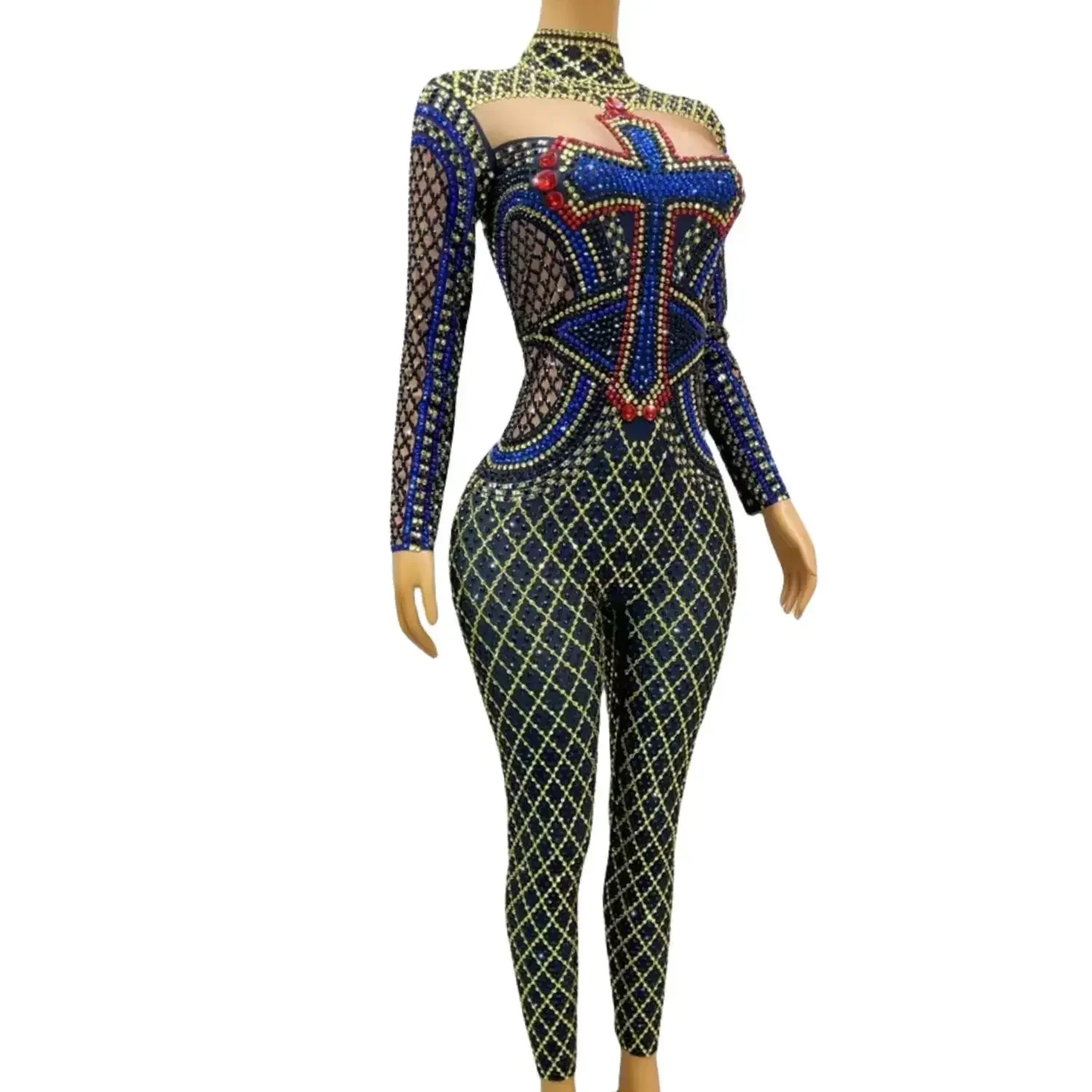 New Photoshoot Long Sleeves Crystal Rompers Pole Dance Stage Costume Club Party Bodysuits Women Performance Rhinestone Jumpsuits