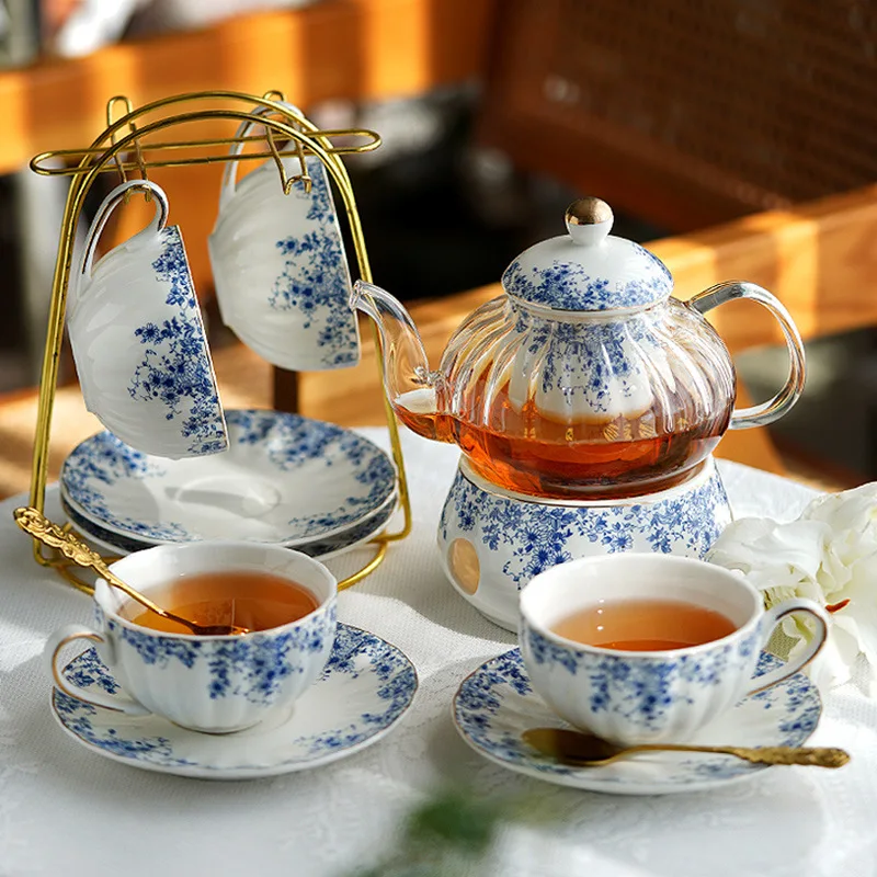 English-style Afternoon Tea Set, Flower Teapot, Heated Glass Teacup, Blue and White Porcelain Coffee Cup and Saucer