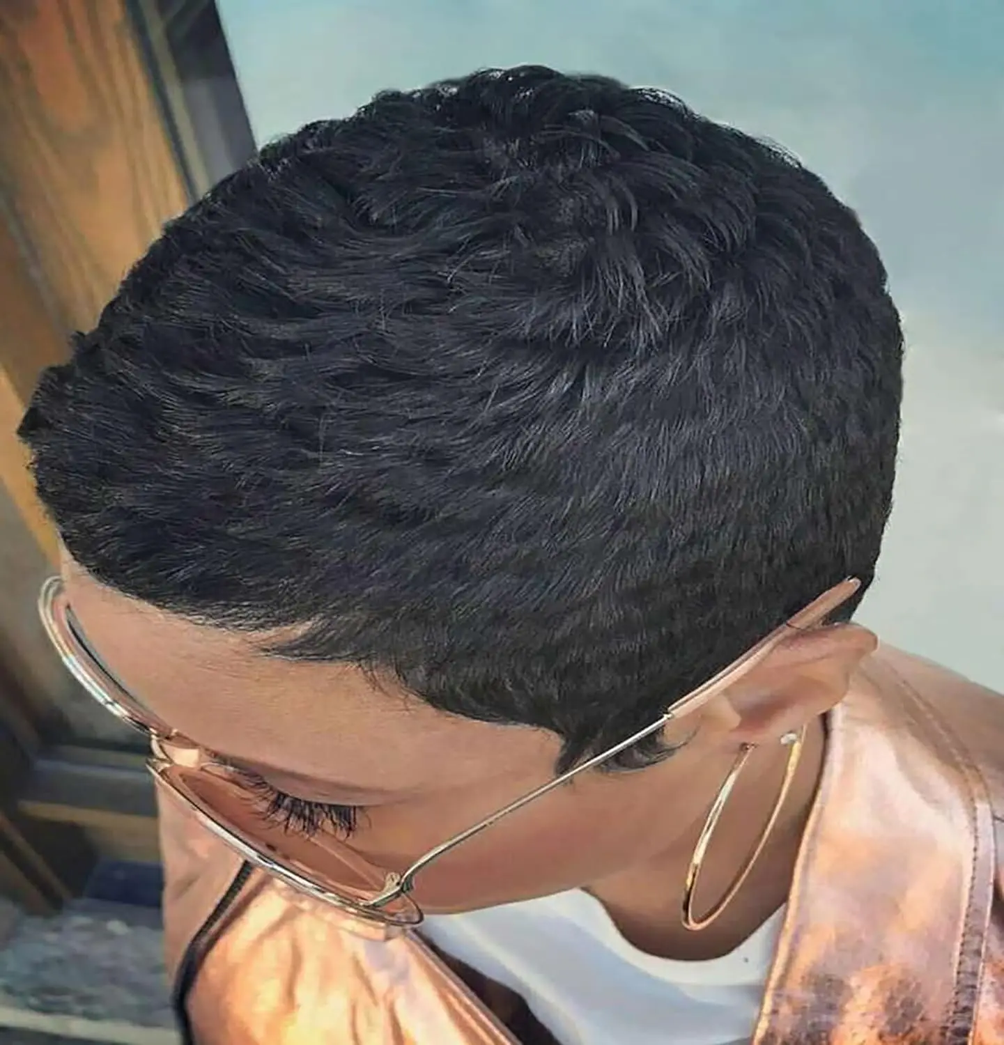 女性用ショート人毛機械製ピクシーウィッグ