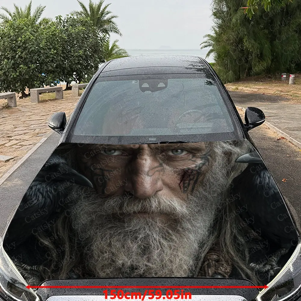 Mysterious Odin And Raven Hood Decal - Vibrant Car Vinyl Wrap For Engine Protection, Ideal Gift For Car Enthusiasts