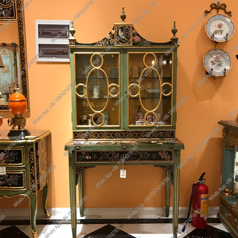 American retro hand-painted solid wood noble fan black green tall double door bookcase with desk
