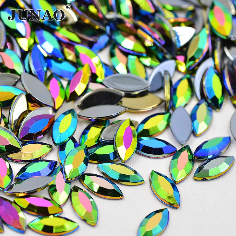 JUNAO 4*15mm 12*25mm Horse Eye Crystal AB Rhinestone Flatback Acrylic Crystal Stones Non Hotfix Strass For Garment Accessory