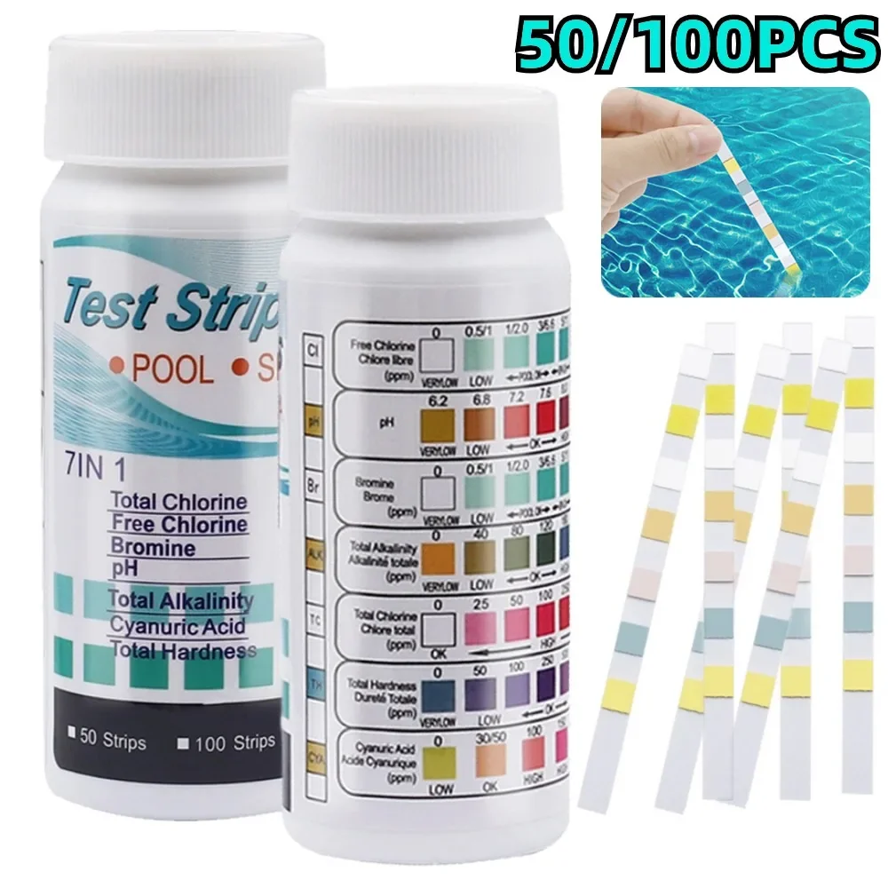 7 in 1 Swimming Pool PH Test Strip Chlorine Value Alkalinity Hardness Test Strip PH Meter Aquarium Pool Cleaner Tester 50/100pcs