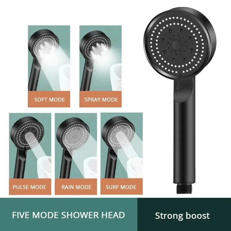 Black Shower Head with Hose Hook 5 Modes Adjustable High Pressure Shower Head Water Saving Showerhead Bathroom Accessories