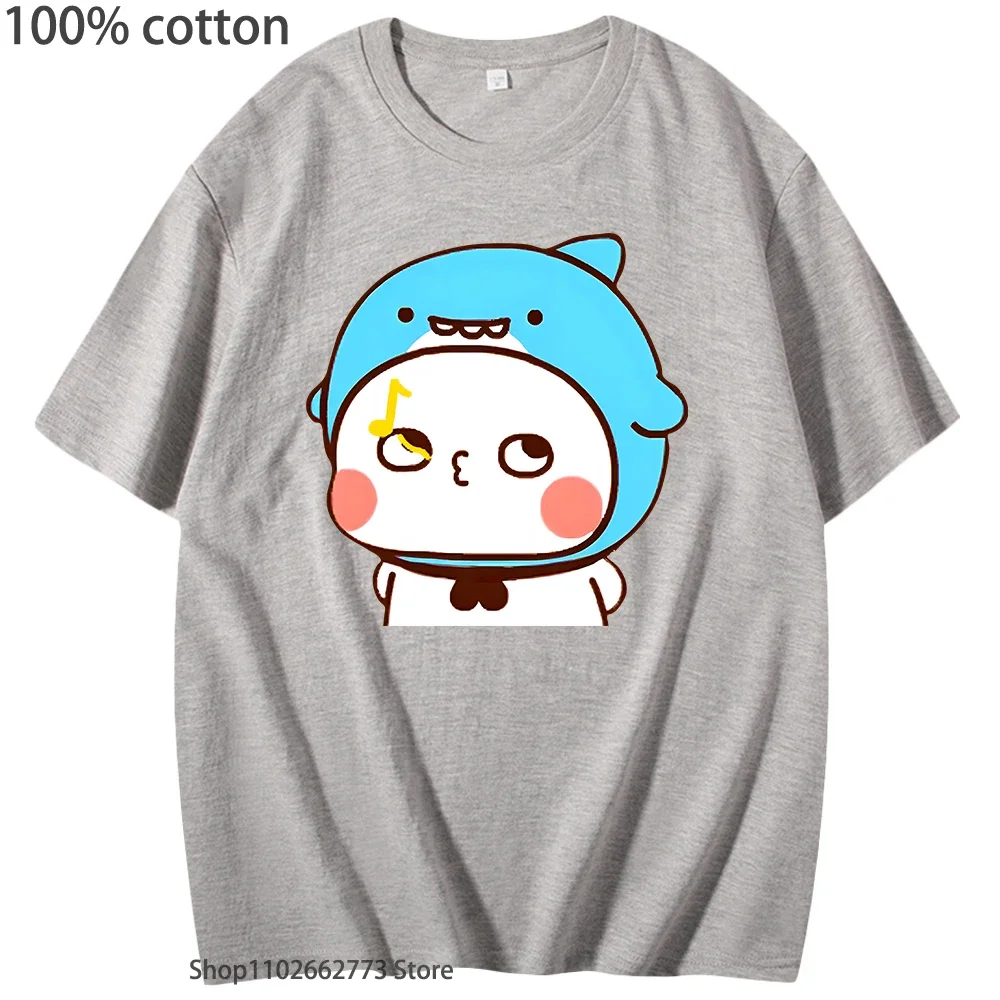 Urocze koszulki z nadrukiem rekina Bubu gwizdającego, ubrania z grafiką pandy, damskie i męskie, kawaii, urocza koszulka, 100% bawełna, odzież, okrągły dekolt, letni top