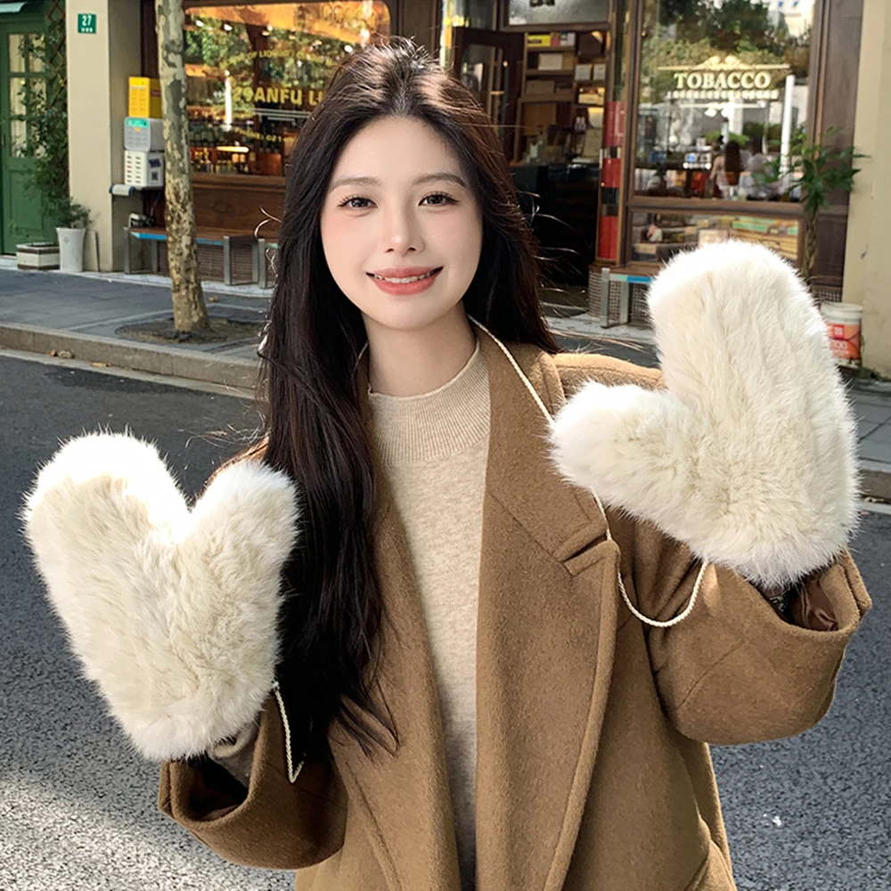 Women's Winter Real Rex Rabbit Fur Gloves Warm Thick Ladies Fur Mittens Elastic Girls Ski Glove Mitts Elastic Soft With String