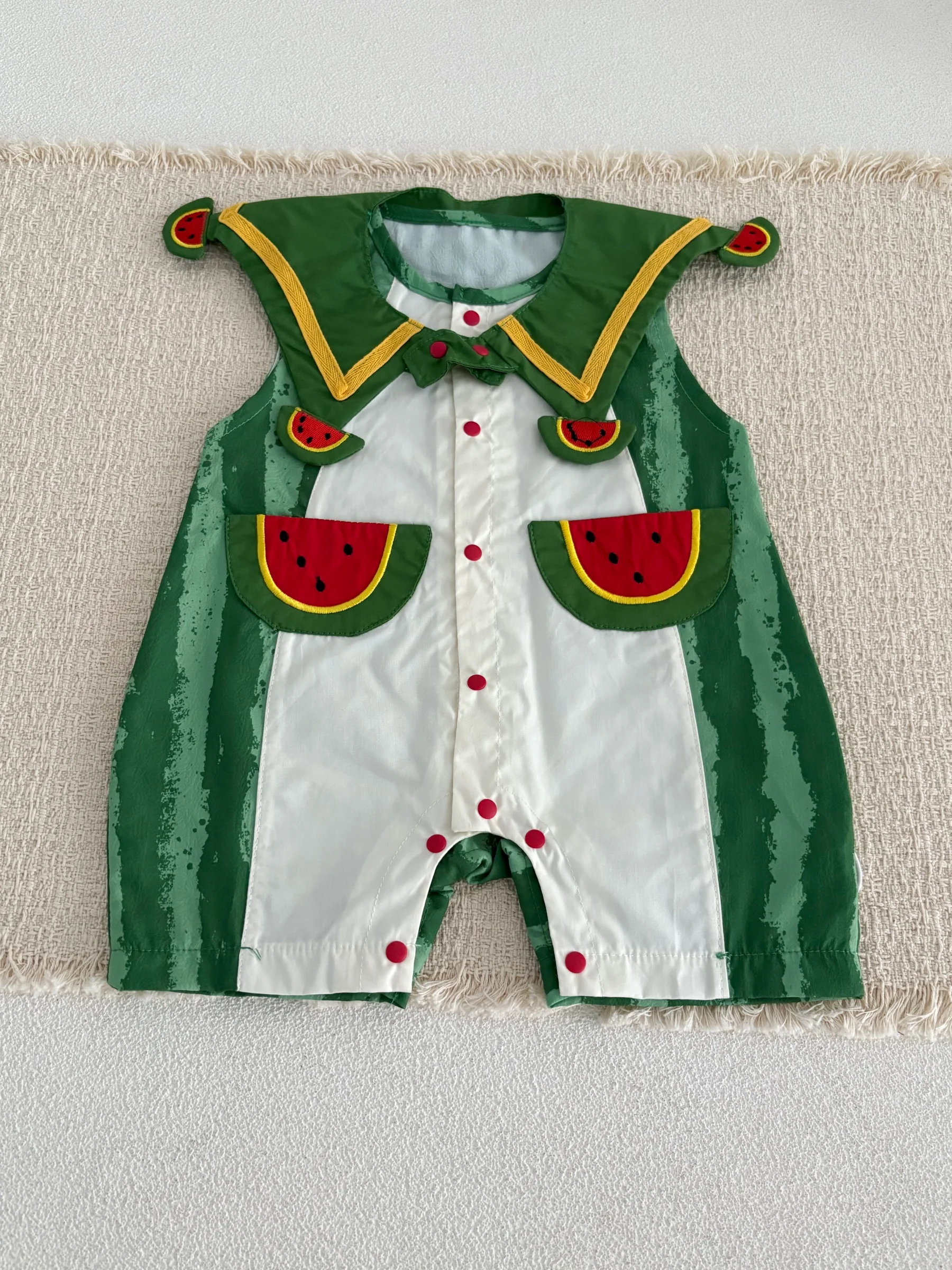 

0-24M Cute Thin Newborn Baby Romper Green Watermelon One Piece Clothes with Cape for Boys Soft Cotton Toddler Bodysuit