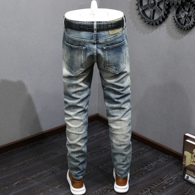 Fashion Designer Men Jeans High Quality Retro Washed Blue Elastic Stretch Slim Fit Ripped Jeans Men Vintage Casual Denim Pants