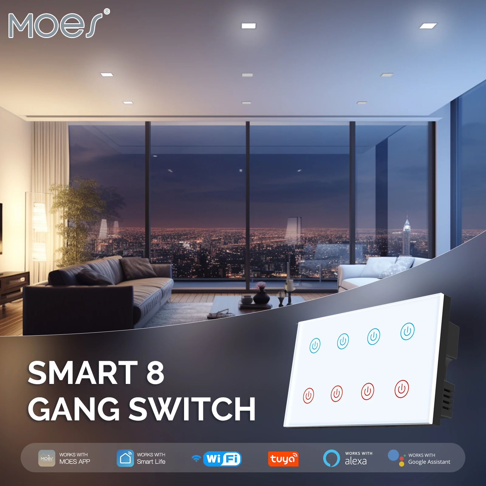 

MOES Tuya Wifi Smart Touch Light Wall Switch 8 Gang Power Monitor Glass Panel Timer Remote Control Works with Alexa Google Home