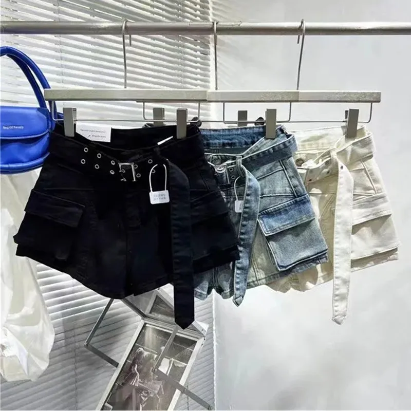 Design Splicing Retro Tooling Denim Shorts Women 2026 New High Waist Spice Girl Loose Jean Shorts With Pockets