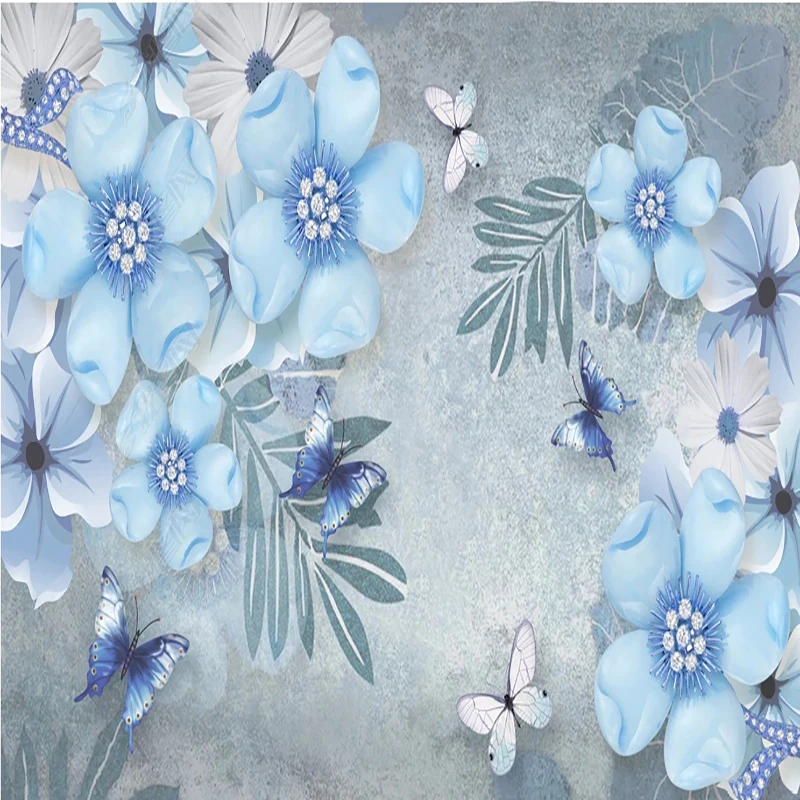 Custom Size Mural Wallpaper Beautiful Blue 3D Jewelry Flowers Wall Painting Living Room Study Backgroung Decor Creative Fresco