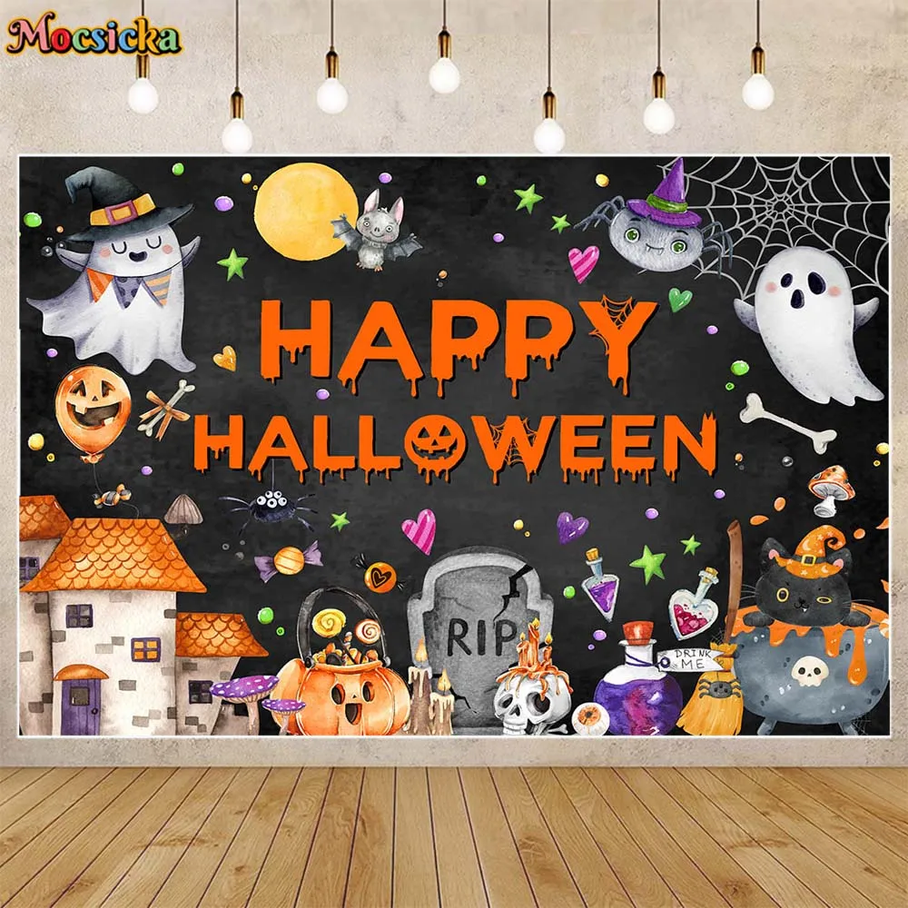 

Mocsicka Halloween Backdrop Evil Pumpkin Ghost Tombstone Happy Halloween Party Decor Kids Birthday Background Photo Studio Props