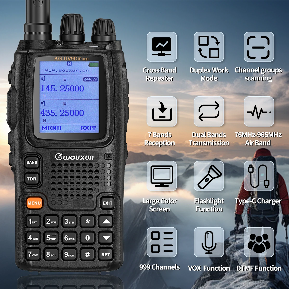 Wouxun KG-UV9D Plus Air Band Walkie Talkie VHF UHF Type-C Cross Band Repeater Transmission Communciator DTMF Ham Two Way Radio