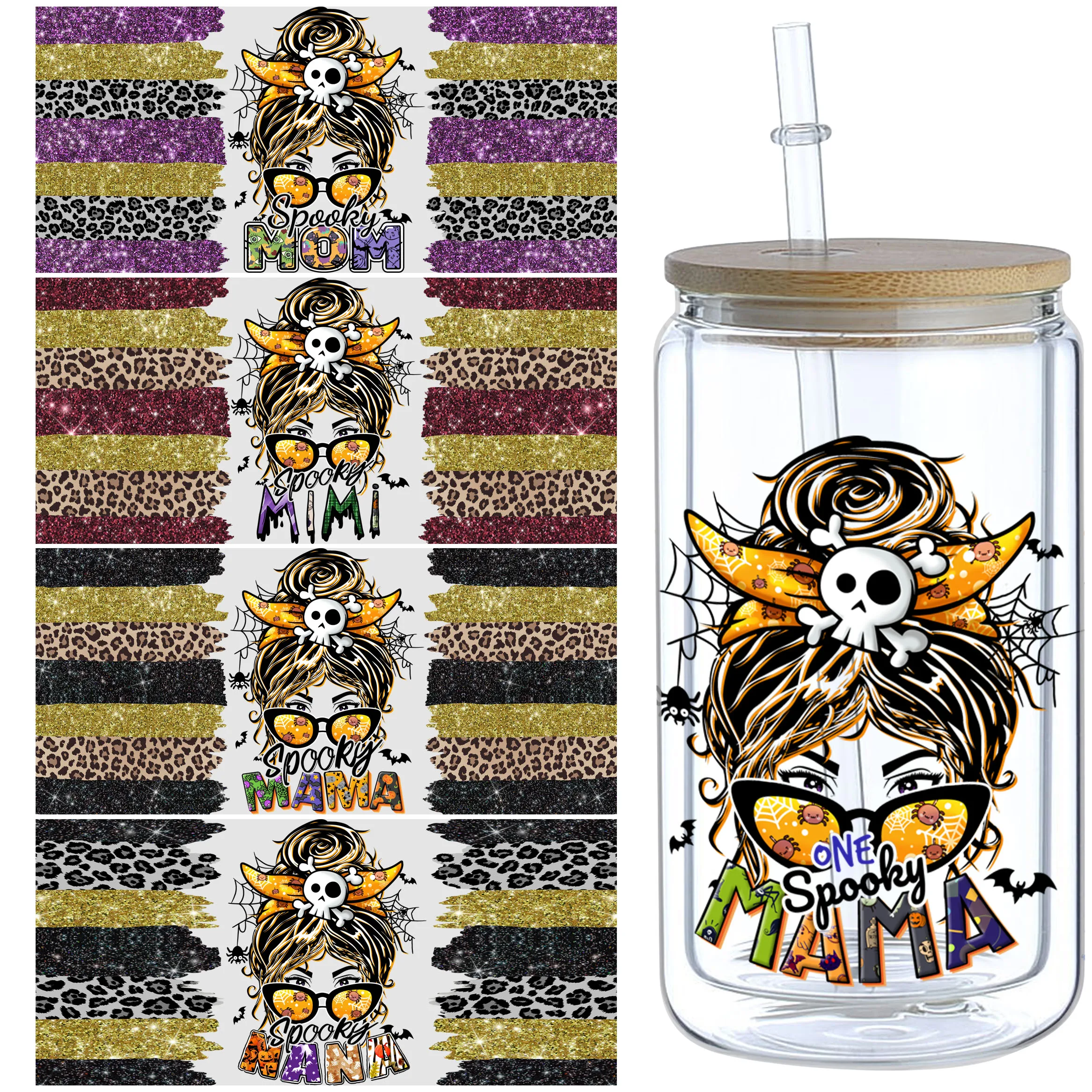 5 sheets spooky mom UV DTF cup stickers, glass DTF transfer stickers, waterproof wipe transfer paper, suitable for 16 oz glass,