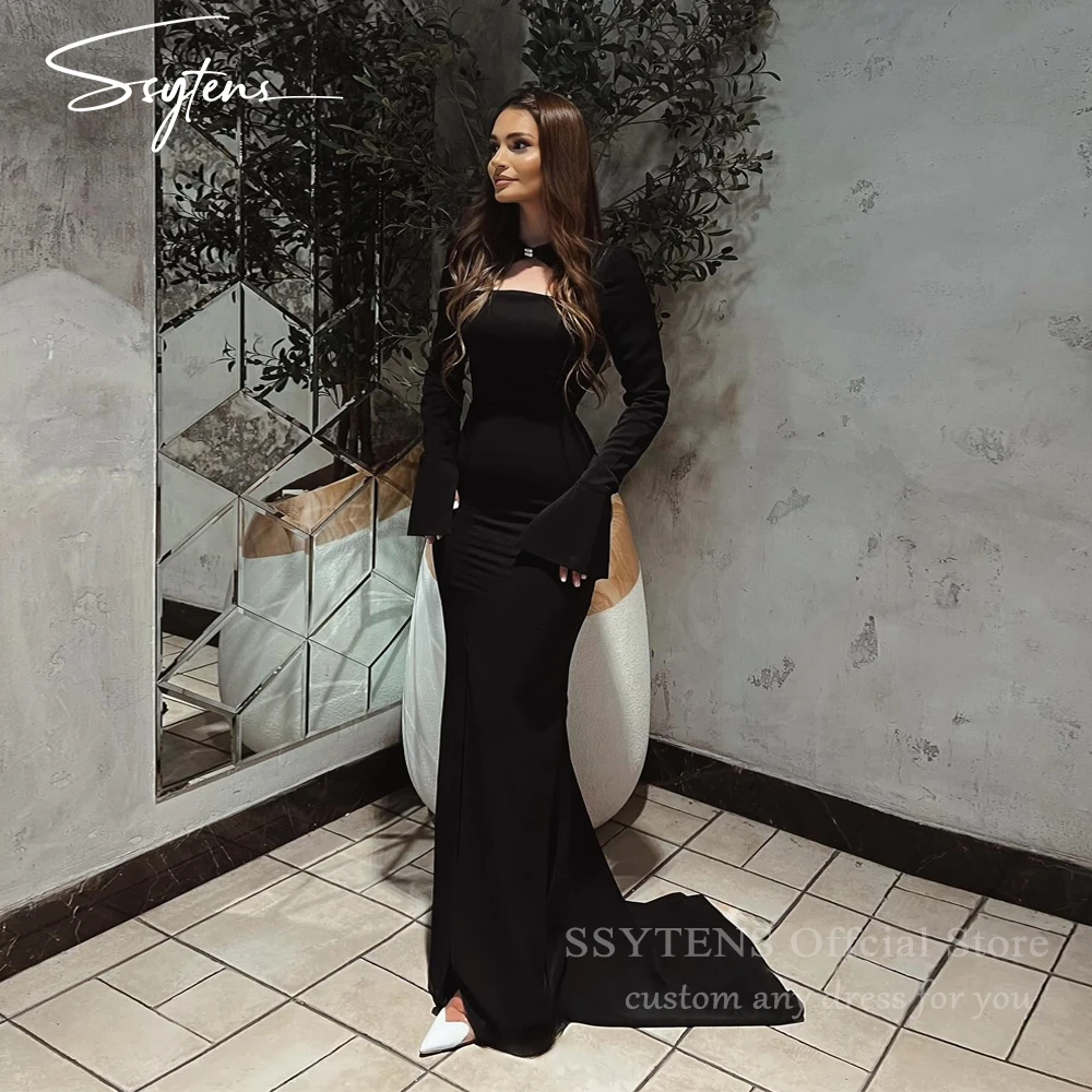 

SSYTENS Modest Black Evening Dresses Women Flare Sleeve Special Occasion Dress Wedding Party Dress Women 2026 Simple Prom Dress