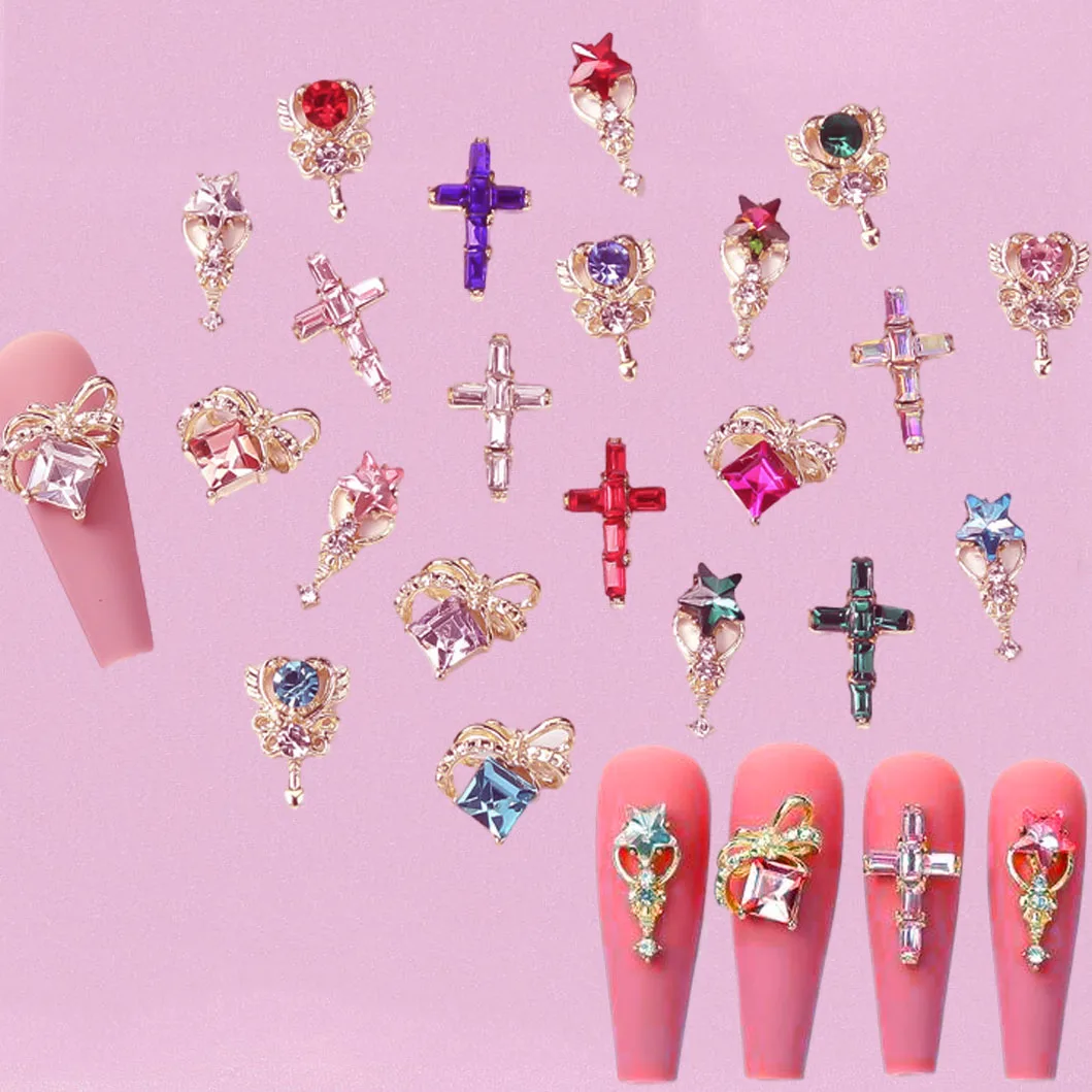 ชุดอุปกรณ์ตกแต่งเล็บ 22 ชิ้น ประดับด้วยอัญมณีหลากสีสัน รูปดาว/กากบาทสีทอง 3 มิติ สำหรับตกแต่งเล็บสไตล์สาวหวาน พร้อมจี้ห้อยและเพชรปลอม