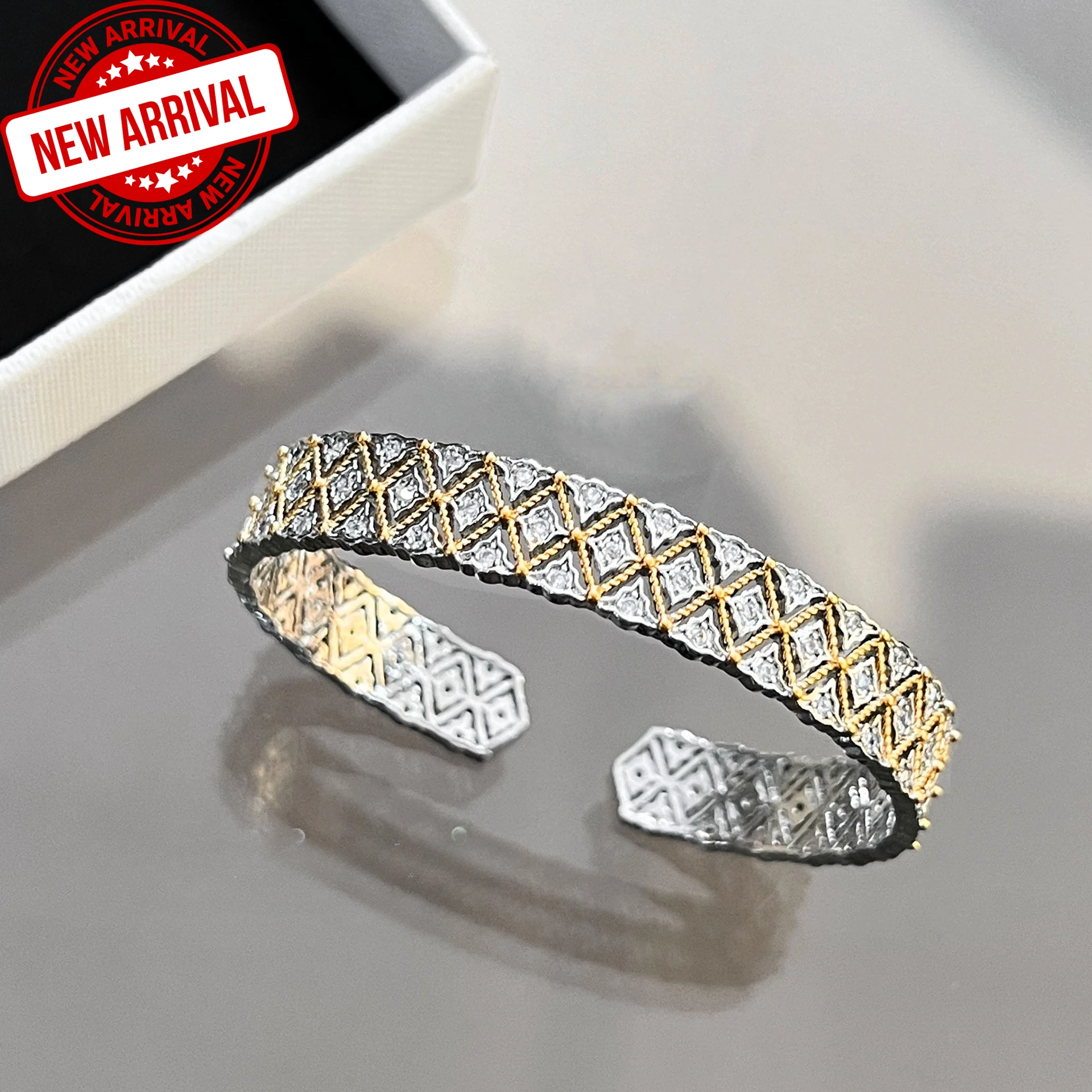 

Italian Vintage Buccella Geometric Pattern Bracelet for Women Luxury Set Zirconia Ring Wedding Women's Fine Jewelry Set Gift