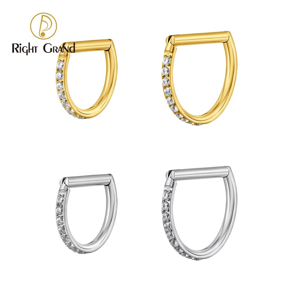 Right Grand Joia Corporal para Piercing — Argola Clicker em Titânio ASTM F136 (Grau F136), Formato em D, com Zircônia Cúbica (CZ), Calibre 16G, Segmento Articulado — Ideal para Septo, Conch e Helix