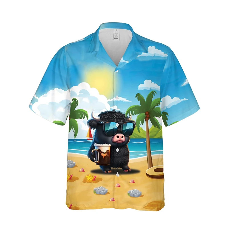 Female Cute Cows Hawaii Beach Shirts Hip Hop Cow Lovers Lapel Blouse Hawaiian Animal Lapel Blouse Cartoon Cool Men Button Shirt