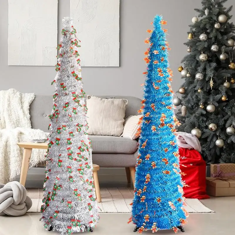 Tinsel Christmas Tree Pop Up Artificial Christmas Tree Wreath Xmas Tree Hanging Pendent Ornaments Pencil Skinny Christmas Trees