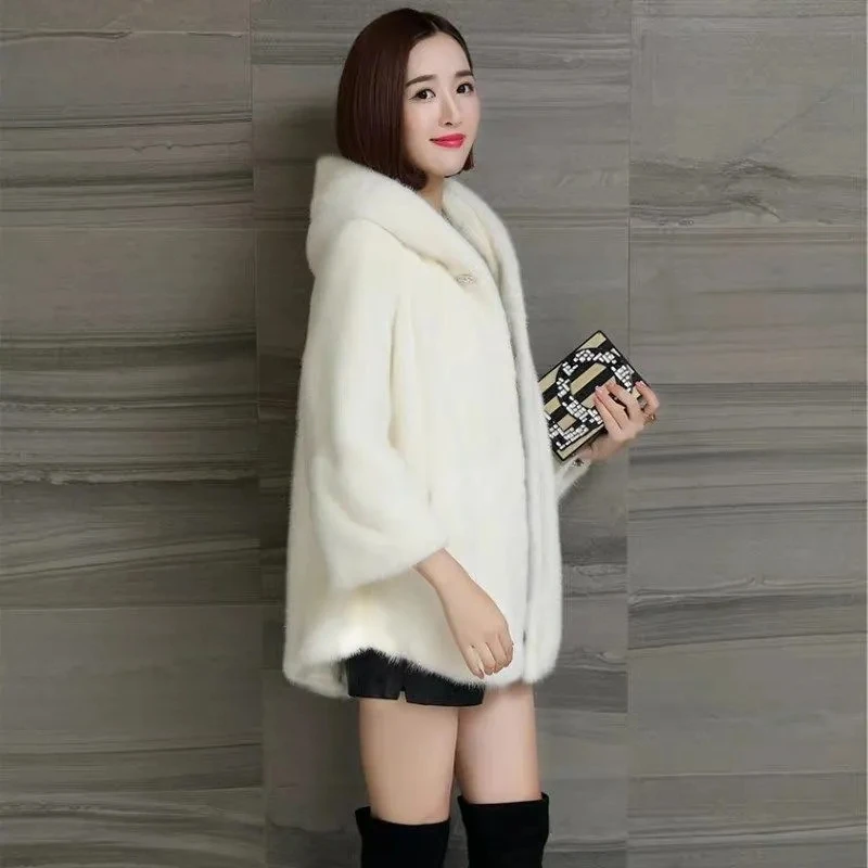 NEW Autumn Winter Women Faux Fur Coat Mid-length Hooded Imitation Mink Velvet Coat Loose Size Thicken Warm Female Fur Jacket 4XL