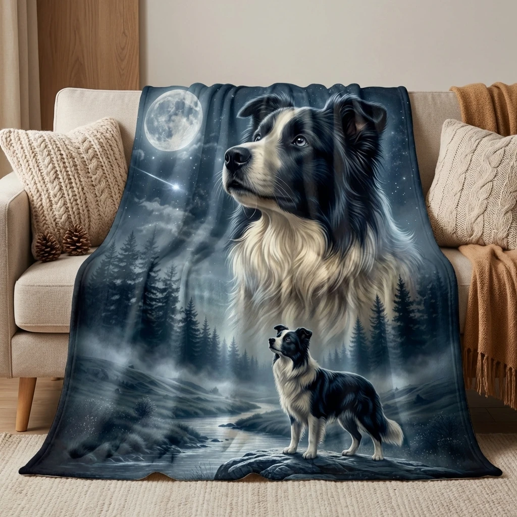 Soft Starry Night Border Collie Art Flannel Throw Blanket, Ultra Soft All-Season Throw Blanket as Gift for Dog Moms