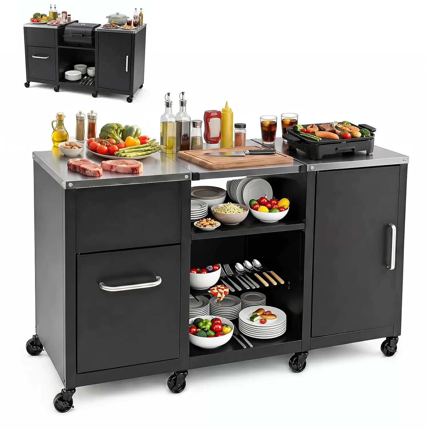 Heavy-duty BBQ Prep Station w/ Stainless Steel Top, Lockable Universal Wheels, Suitable for Gas Grills & Charcoal Griddles
