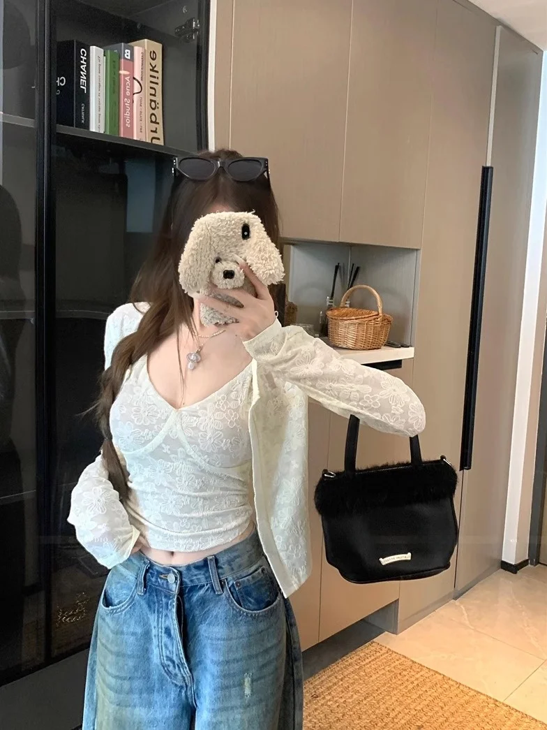 

Casual Lace Hooked Crop Top And Cardigan Two-Piece Set Women's Summer Sunscreen Fashion Ensemble V-Neck Long Sleeve Student S...