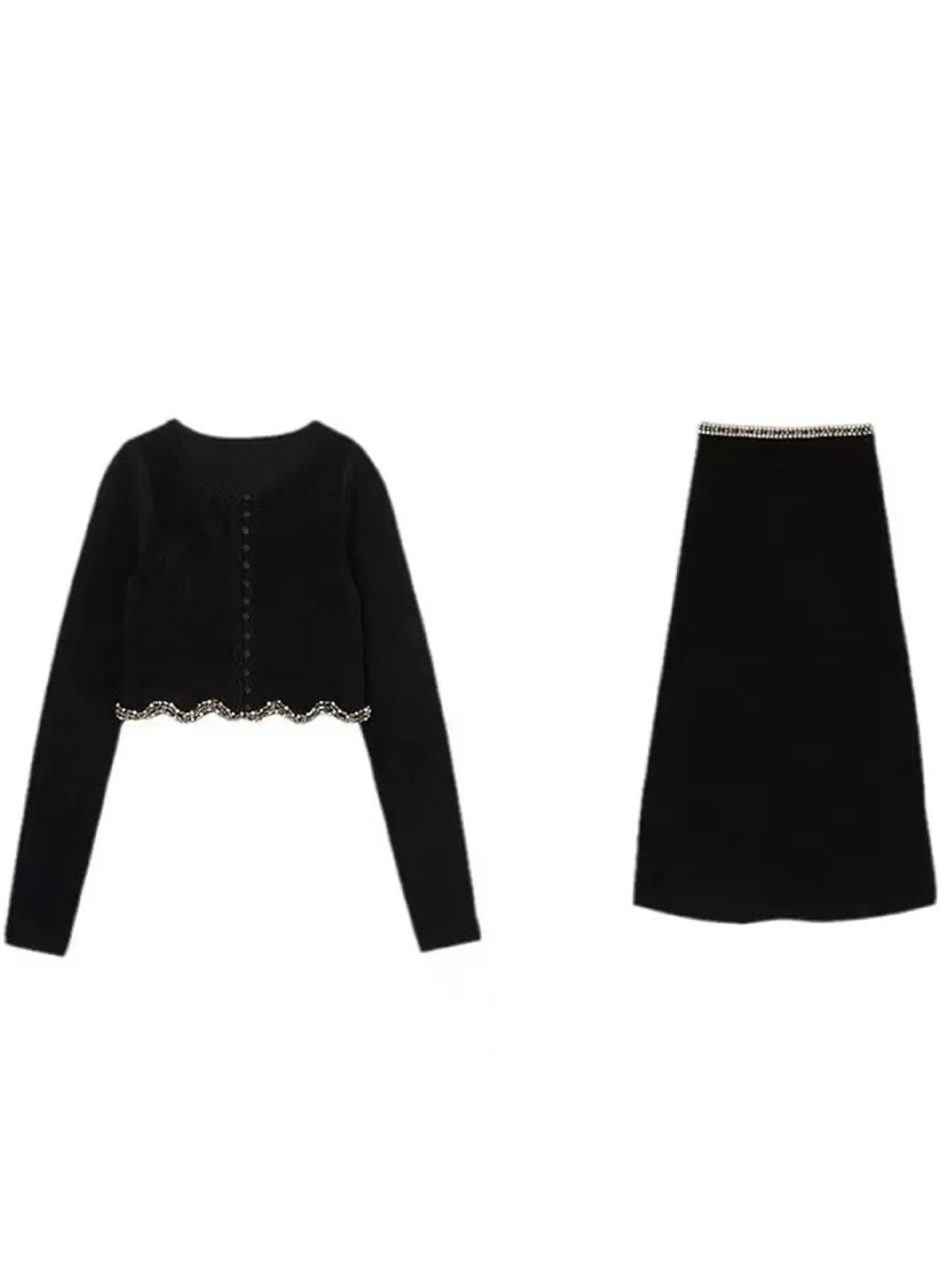 

Women's Black Set Diamond Trimmed Round Neck Long Sleeve Cardigan or A-Line Knit Skirt Suit for Ladies Autumn
