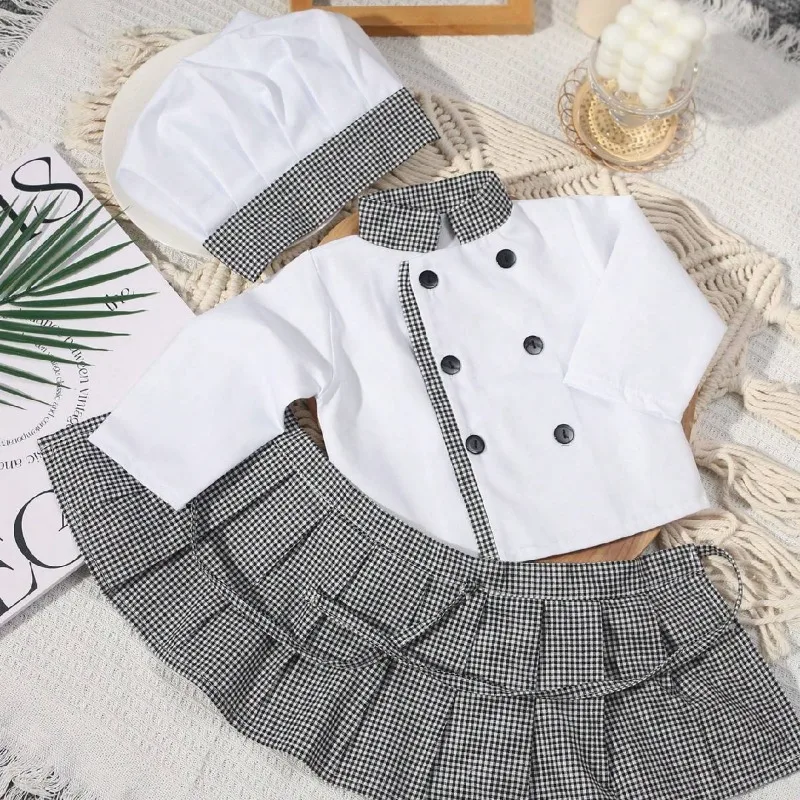 Photography Outfit Baby Accessories Newborn Full Moon Photo Costume Props Male Baby Chef Hat Top Checkered Apron Set Newborn