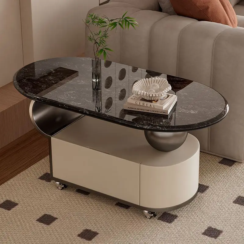 Italian light luxury simple rock slab oval coffee table living room small apartment modern home new mobile side table