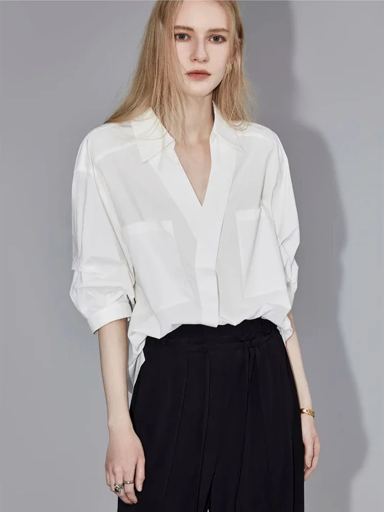 Office Lady Oversize Cotton Women Shirt 2024 Summer Half Sleeve Turn Down Collar White Shirts Pocket Work Blouse Female Clothing