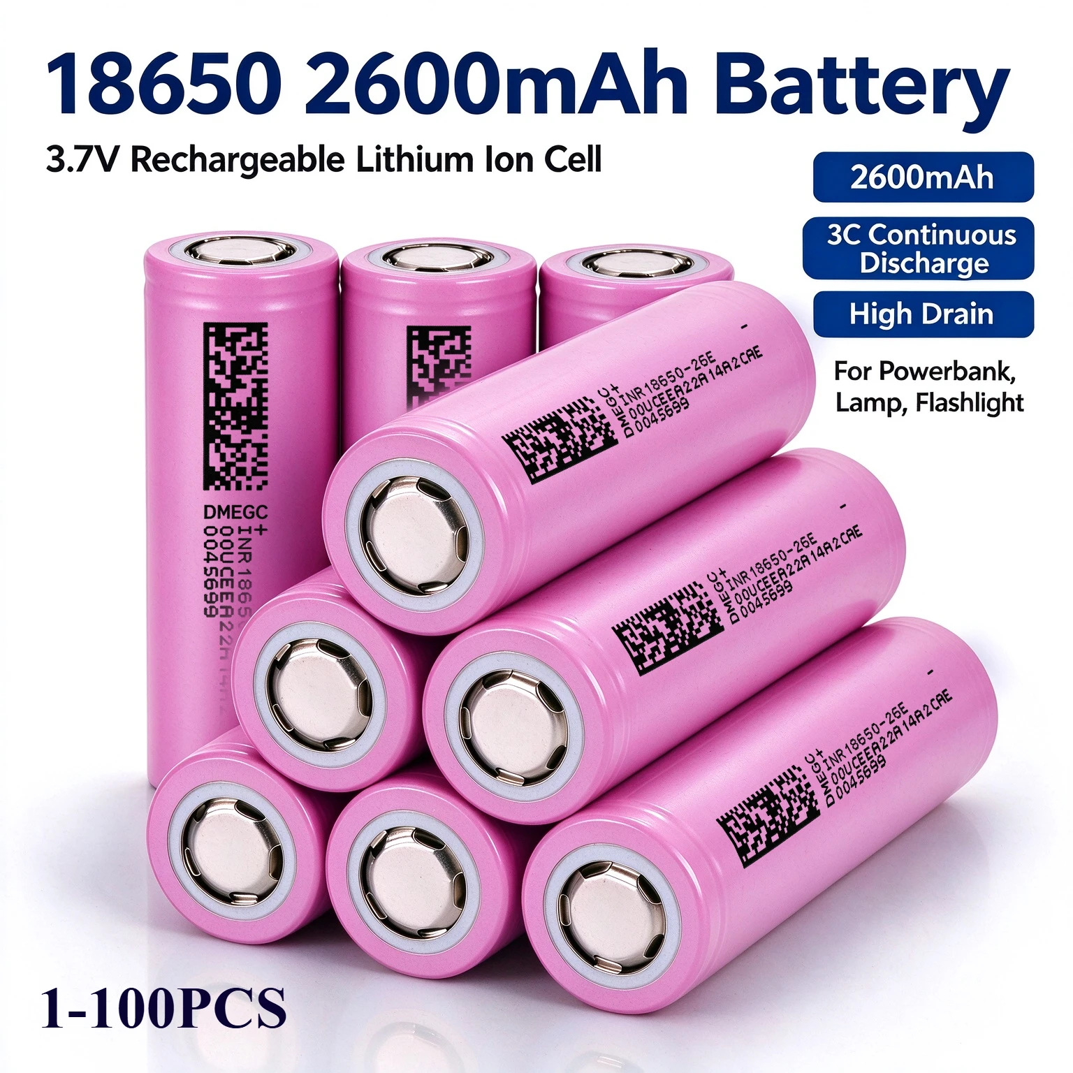 1-100PCS NR18650-26E 2600mAh 3.7V Rechargeable Lithium Battery Power Cell for Flashlight Headlamp Speaker Electric Tools