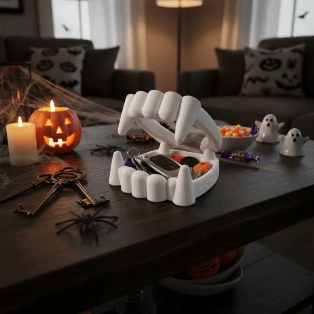 3D Printing Bloodsucker Teeth Candy Bowl Plastic White Halloween Dentures Candy Bowl Decorative Bloodsucker Teeth Desk Ornament