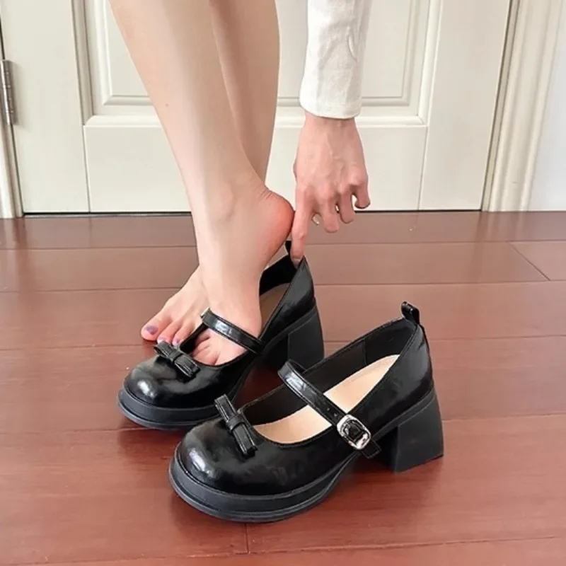 

Women Mary Janes High Quality Patent Leather Platform Shoe Round Toe Shallow Mouth Single Shoe Non-Slip Thick Heel Leather Shoes